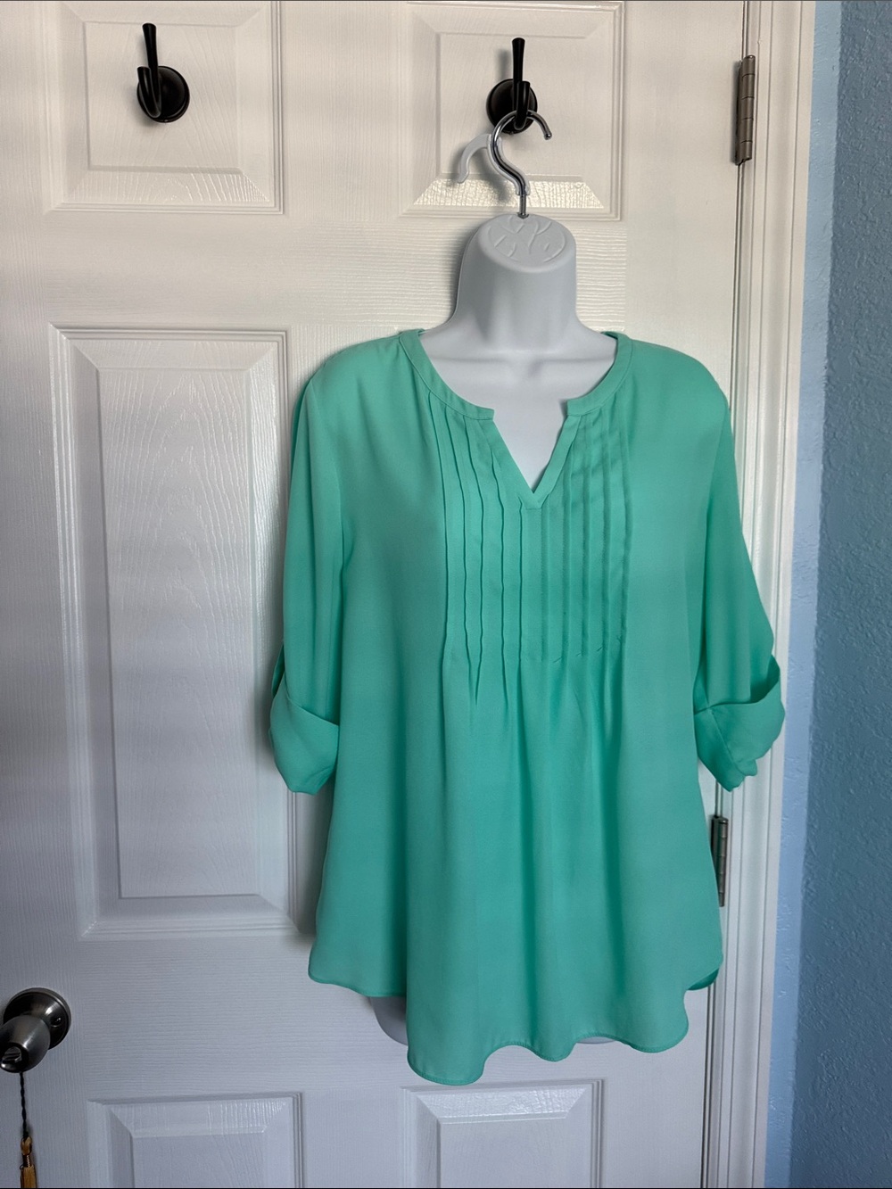 Sami & Jo Mint Green Pintuck V-Neck Blouse